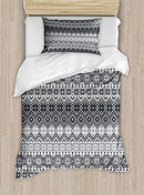 Ambesonne Grey Duvet Cover Set Twin Size, Nordic Snowflake Knit Patterns Scandinavian Motifs Traditional and Modern Print, Decorative 2 Piece Bedding Set with 1 Pillow Sham, Gray White Black