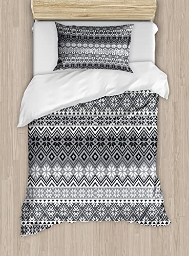 Ambesonne Grey Duvet Cover Set Twin Size, Nordic Snowflake Knit Patterns Scandinavian Motifs Traditional and Modern Print, Decorative 2 Piece Bedding Set with 1 Pillow Sham, Gray White Black