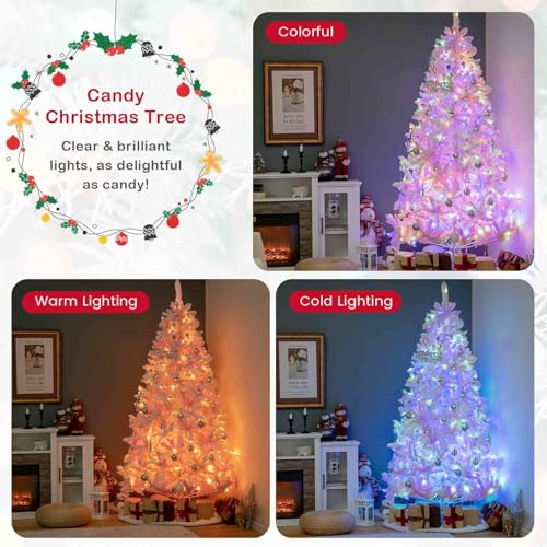 Costway 215 cm Pink Flocked Christmas Tree, Hinged Xmas Tree with 1200 PVC Branch Tips, 500 LED Lights & 8 Lighting Modes, Pre-Lit Decoration Tree for Home, Office & Carnival, Easy Assembly