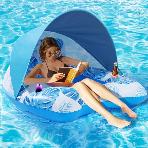 【Upgraded】 Pool Floats Adult with Canopy, XL Inflatable Pool Floaties for Adults Heavy Duty, Pool Chair and Lounge for Swimming in Pool Beach Lake, Float for Fool Floating with Cup Holder, Backrest