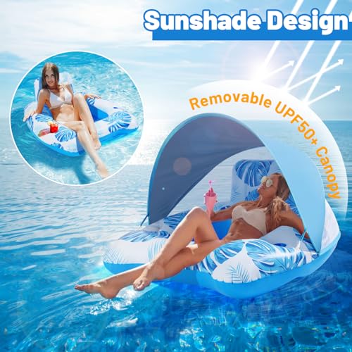 【Upgraded】 Pool Floats Adult with Canopy, XL Inflatable Pool Floaties for Adults Heavy Duty, Pool Chair and Lounge for Swimming in Pool Beach Lake, Float for Fool Floating with Cup Holder, Backrest