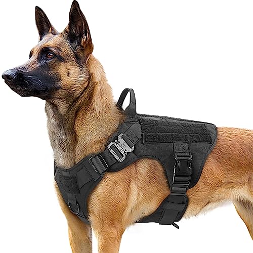 Rabbitgoo Tactical Dog Harness for Large Dogs, Military Dog Harness with Handle, No-Pull Service Dog Vest with Molle & Loop Panels, Adjustable Dog Vest Harness for Training Hunting Walking, Black, L