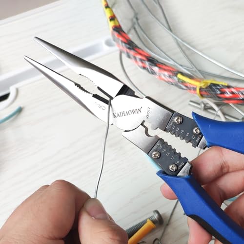 Needle Nose Pliers-KAIHAOWIN 9" Heavy Duty Chrome-Vanadium Steel Long Nose Pliers-Crimper Winding Pinching Function Side Cutters-Multitools Industrial Combination Wire Stripper Cutters for Mechanics