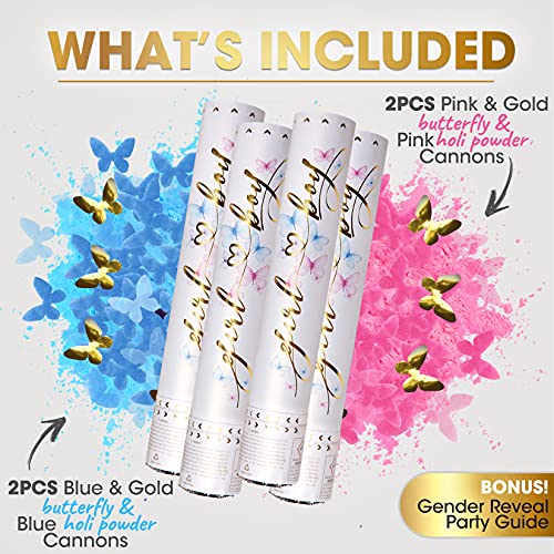 Gender Reveal Confetti Cannon 4 Pack (2 Blue 2 Pink) | Butterfly Confetti Popper and Powder Gender Reveal Smoke Bombs | Baby Gender Reveal Ideas, Party Celebration Firework Boy and Girl Color Stick