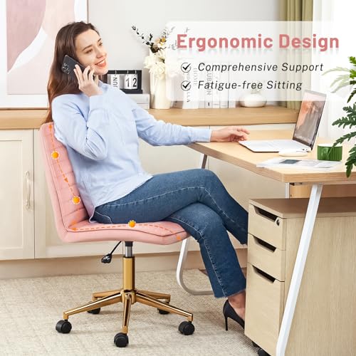 Furniliving Velvet Home Office Chair, Armless Vanity Desk Task Chair with Wheels 360° Swivel Computer Rolling Desk Chair with Back, Adjustable Accent Chair with Gold Metal Base Stool Chair (Pink)