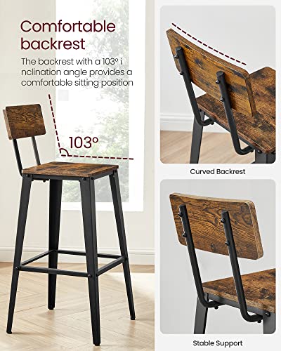 VASAGLE Set of 2 Bar Stools, Bar Height Stools, Tall Bar Stools with Back, Bar Chairs, Steel Frame, Industrial Style, Easy Assembly, Rustic Brown and Ink Black ULBC078B01