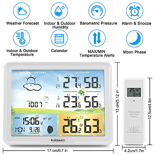 Kalawen Weather Station for Home with 2 Wireless Outdoor Sensor Digital Colour Weather Station Indoor Outdoor with Temperature Humidity Atomic Clock Forecast Station and Calendar