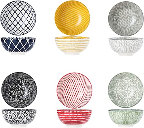 HUIRUMM Ceramic Cereal Bowl, Set of 6 Vibrant Color Dessert Bowls,22 oz Porcelain Bowl Set,Oatmeal Bowls, Bowls for Soup, Salad, Rice, Ramen, Dessert, Rice, Noodle, Bowls for Kitchen, Assorted Designs