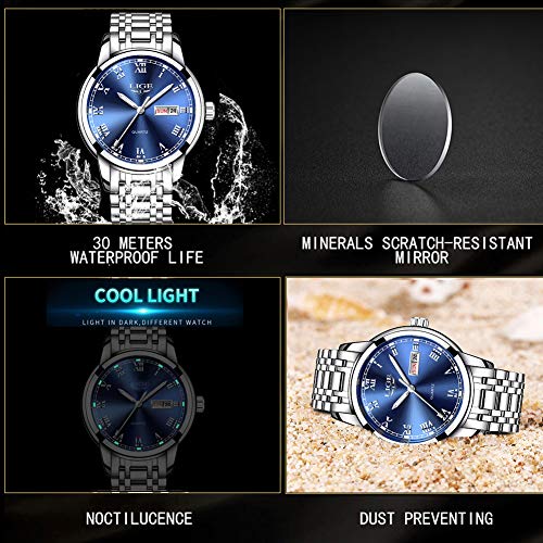 LIGE Watch for Men Fashion Elegant Analog Quartz Watch for Male Casual Waterproof Silver Stainless Steel Calendar Luxury Business Gents Dress Wristwatch Blue Round Dial