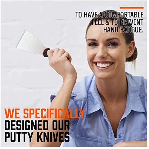 HORUSDY 5-Piece Putty Knife Set, Stainless Steel Scrapers, Heavy Duty Non-Slip Handle 1.5", 3", 4", 6"and 3" 6 in 1 Painters Tool. Perfect for Taping, Scraping Paint, Drywall Spackle