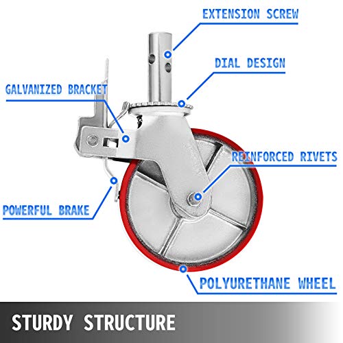 VEVOR Scaffolding Wheels Set, Heavy Duty 4-Pack 8" Scaffolding Casters, with 4400 Lbs Per Set and Locking Stem Casters with Brake, Polyurethane Replacement for Scaffold, Shelves, Workbench