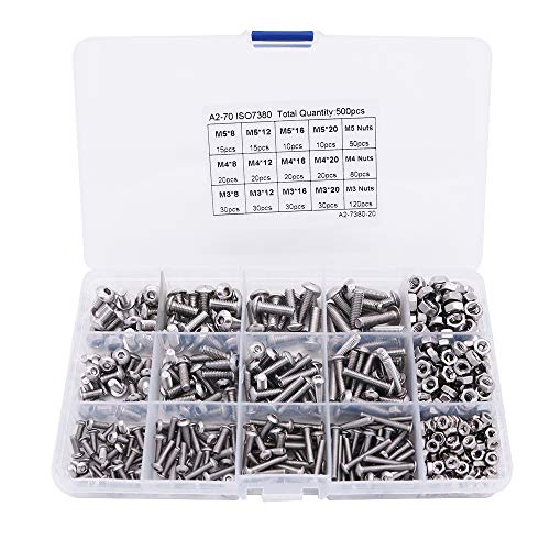 Box 500Pcs NUZAMAS M3 M4 M5 304 Stainless Steel Machine Screws and Nuts Kit, Button Head, Hex Socket Bolts Fasteners Assortment Set, Keys