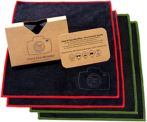 (4 Pack) - Clean & Clear Microfiber EXTRA LARGE [4 Pack] ULTRA PREMIUM QUALITY Lens Cleaning Cloths - Camera Lens, Glasses, Screens, and all Lens.