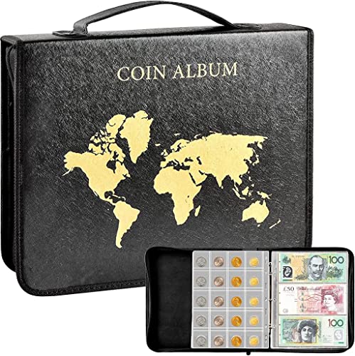 200 Pockets Coins Collecting Album & 30 Sleeves Paper Money Display Storage Case,Coin Collection Book Holder for Coin Currency Collection Supplies, Bill, Pennies, Quarters, Stamp