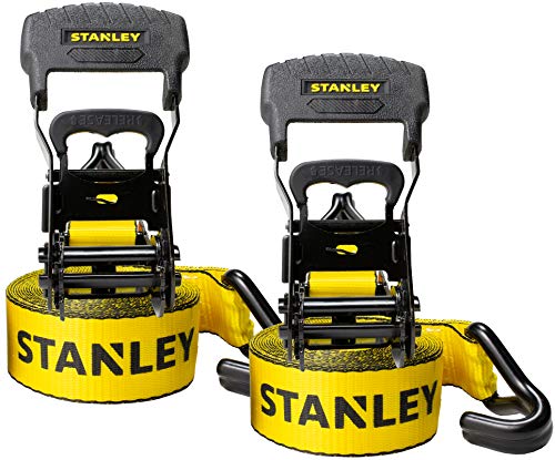 STANLEY S1007 Black/Yellow 1.5" x 16' Ratchet Tie Down Straps - Heavy Cargo Securing (3,300 lbs Break Strength), 2 Pack