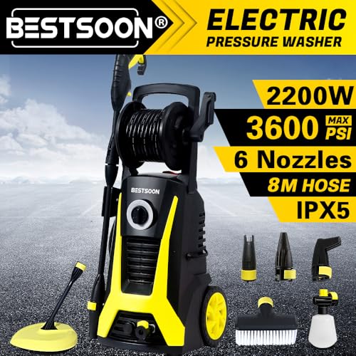 BESTSOON 3600PSI High Pressure Washer, Electric Pressure Washer with Spray Gun and Hose Reel, 2200W Power Washer Electric High Pressure Cleaner Washer Gurney Water Pump Hose with 6 Nozzles