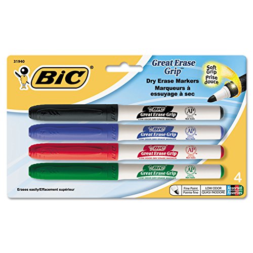 BIC Great Erase Low Odor Dry Erase Marker, Fine Point, Assorted, 4-Count (BICGDEP41ASST)