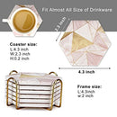 6 Pcs Pink Marble Coasters with Holder Gold Absorbent Drink Coasters Hexagon Ceramic Table Coaster Ser Decorative Bar Wine Coasters