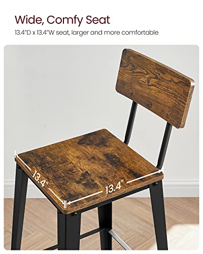 VASAGLE Set of 2 Bar Stools, Bar Height Stools, Tall Bar Stools with Back, Bar Chairs, Steel Frame, Industrial Style, Easy Assembly, Rustic Brown and Ink Black ULBC078B01