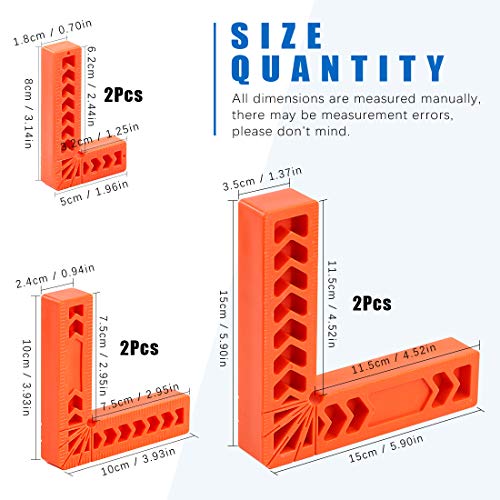 Glarks 6Pcs 3" 4" 6" 90 Degree Positioning Squares, Right Angle Corner Clamps for Woodworking, Picture Frames, Boxes, Cabinets or Drawers, L-type Right Angle Ruler, Carpenter Tool