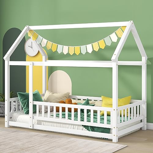 Tatub Twin White House Canopy Bed for Kids, Montessori Floor Bed with Rails, Wood Frame, Ages 3+, 250lbs Weight Capacity