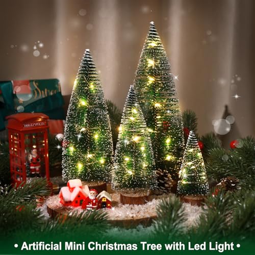 Hatisan 4pcs Mini Christmas Trees with light, Artificial Christmas Tree Bottle Brush Trees with Wooden Base for Christmas Decor Party Home Table Holiday