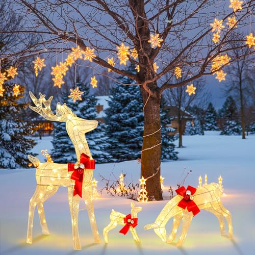 Costway 3 Pieces Lighted Reindeer Family Set, Pre-lit Christmas Decoration w/ 230 LED Lights, Stakes, Indoor Outdoor Light up Holiday Decor for Yard Patio Lawn Garden Party