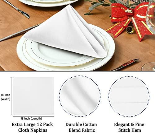 Ruvanti Cloth Napkins set of 12, 18x18 Inches Napkins Cloth Washable, Soft, Durable, Absorbent, Cotton Blend. Table Dinner Napkins Cloth for Hotel, Lunch, Restaurant, Weddings, Events, Parties - White