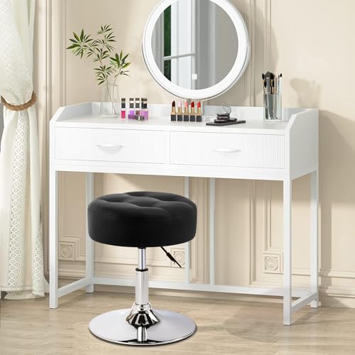 Furniliving PU Leather Swivel Makeup Chair, Adjustable Height Vanity Stool for Living Room, Bedroom, Modern Round Ottoman, Black