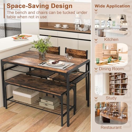 Giantex 4-Piece Dining Set, Dining Table w/ 2 Chairs and Bench for 4, Kitchen Dining Room Furniture w/Metal Frame, Storage Rack, Space-Saving Dinette Set (Rustic Brown)