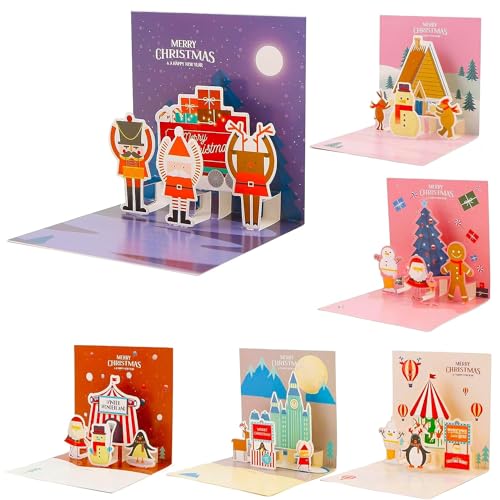 3D Christmas Cards, 6PCS Pop Up Christmas Cards with Envelopes Merry Xmas Season Greetings Cards Merry Christmas Card for Holiday Postcards Christmas Day Gifts