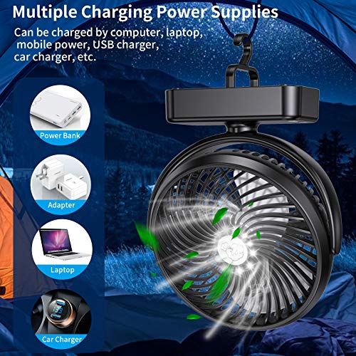 ZEBRE Portable Battery Camping Fan with LED Lantern - Rechargeable 5000mAh Battery Operated USB Desk Fan Kit with Hanging Hook for Tent Car