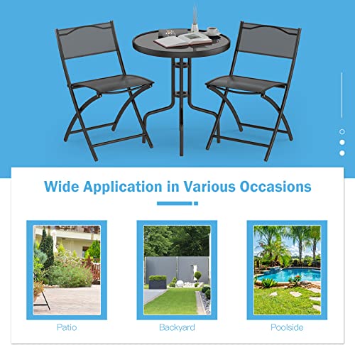 Costway 3-Piece Patio Bistro Set, Outdoor Bistro Table Set with Round Black Tempered Glass Tabletop and 2 Folding Chairs, Outdoor Dining Set for Indoor/Outdoor, Black