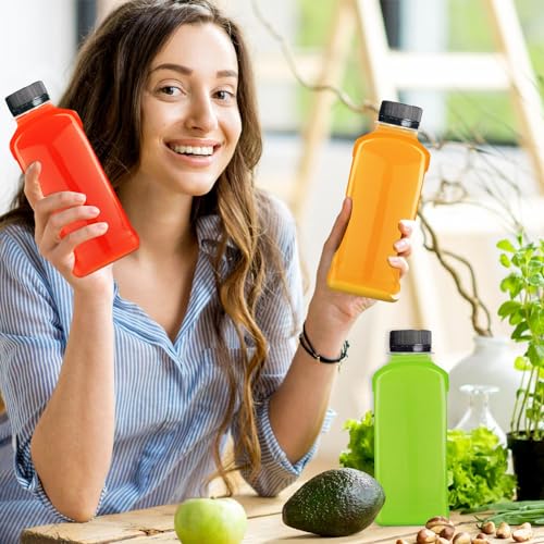 Packware Square Plastic Juice Bottles - Clear Drinking Containers with Tamper Evident Lids - Reusable & Leak-Proof - Great for Storing Homemade Juices Water Smoothies & Much More - 10 Pcs(Black Lids)