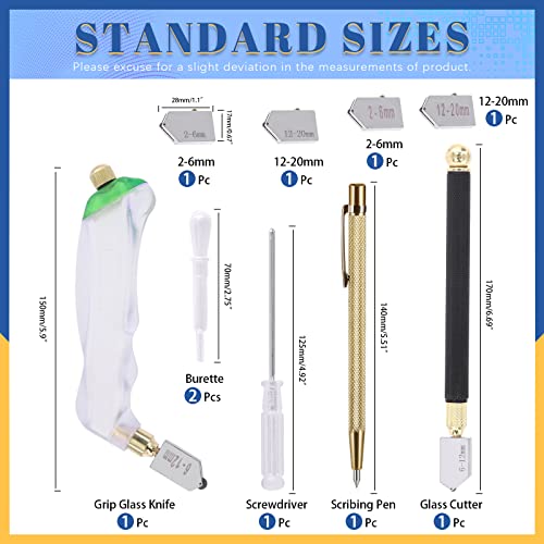 Glarks 13Pcs Glass Cutting Tool Kit, Pistol Grip Glass Cutter and Pencil Style Oil Feed Glass Cutter with Replacement Head 2-6mm/6-12mm/12-20mm, Tungsten Scribe Engraving Pen for Mirror/Tiles/Mosaic