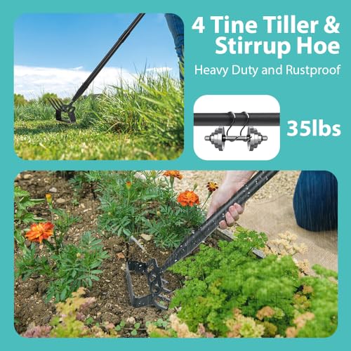 Upgraded Hula Hoe and Garden Hoe, Stirrup Hoe with Adjustable Handle for Weeding,Digger,loosening Soil,Metal Garden Cultivator Hula Hoe with Rake Tiller Cultivator (30-73 Inch)