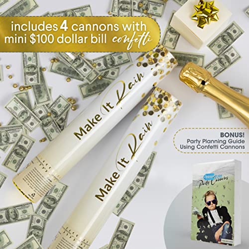Money Confetti Poppers 4 Pack | Confetti Cannon Party Poppers Confetti Shooters for Events Birthday Celebrations | Bulk Small 100 Dollar Green Bills Launcher | Large Paper Gun Launcher Tube Stick