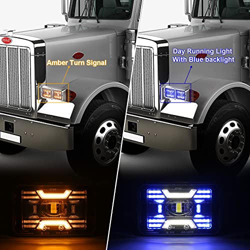 ZJUSDO 4x6 inch LED Headlights, Seal Beam Headlights Exclusive X Design White&Blue DRL Amber Turn Signal Compatible with Peterbilt Kenworth Ford Monte Carlo Oldsmobile