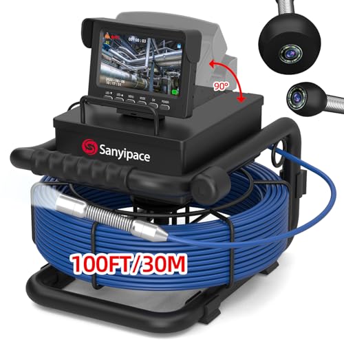 Sanyipace 100FT/30M Sewer Camera, 5600mAh Battery, 0.67inch/17mm Pipe Camera with Light, DVR and Audio Recorder, 4.3" Screen, 8 LEDs, 1000TVL Plumbing Camera, 16GB Card