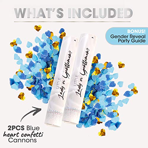 Gender Reveal Confetti Cannon - 2 Pack - Heart Shaped Blue Gender Reveal Cannons | Baby Gender Reveal Poppers | Boy Gender Reveal | Blue Confetti Poppers | Blue Party Poppers Confetti Shooter