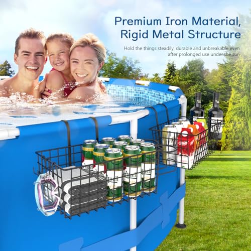 【2 Sets】【60lb】Poolside Storage Basket, Above Ground Pool Accessories, Metal Swimming Pool Storage organizer with Pool Cup Holder, Pool Must Haves 2024 Upgrade, Fits Steel Round or Frame Above Pools