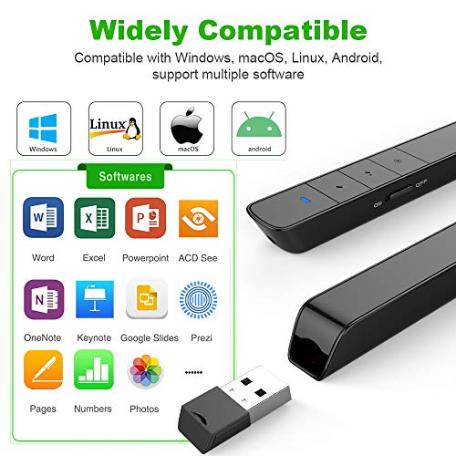 【300ft Long Control Range】 KNORVAY N75GBK Wireless Presenter with Green Light, Rechargeable PowerPoint Clicker Presentation Presenter Remote Laser Pointer, Support Hyperlink