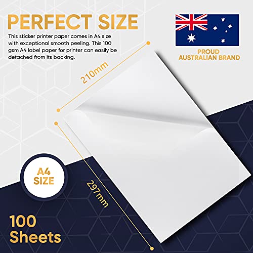 Avarrix Australia A4 Sticker Paper, Paper-Based Matte White, 100 Sheets, Self Adhesive Premium Sticker Paper for Inkjet and Laser Printer, 100gsm Thickness Printable Label Sheets