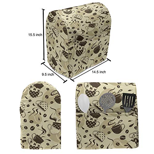 Ambesonne Modern Stand Mixer Cover, Contemporary Coffee Cups Polka Dots and Beans Roasted Graphic Design, Kitchen Appliance Organizer Bag Cover with Pockets, 6-8 Quarts, Cream and Brown