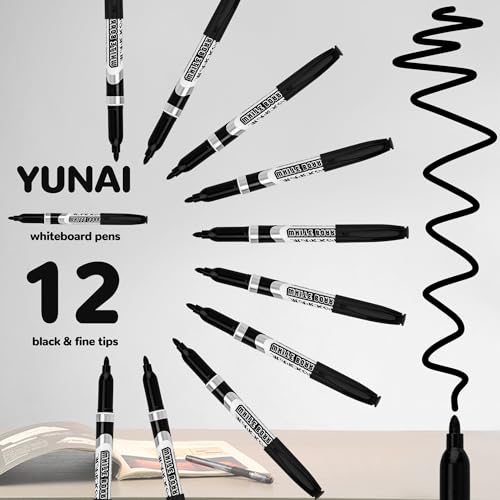 YUNAI Black Whiteboard Markers, 12PCS Thin Dry Erase & Wet Erase Markers for School, Fine Tip Erasable Markers Bulk Low Odor for School Office Supplies