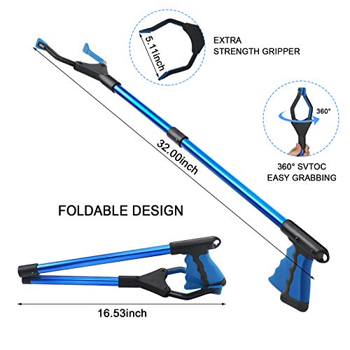 2 Pieces 32 Inch Foldable Grabber Reacher Tools with Magnet Pick Up Stick Grabber Long Handled Trash Litter Picker for Elderly Reaching Assist Arm Extension Tool (Blue, Green)