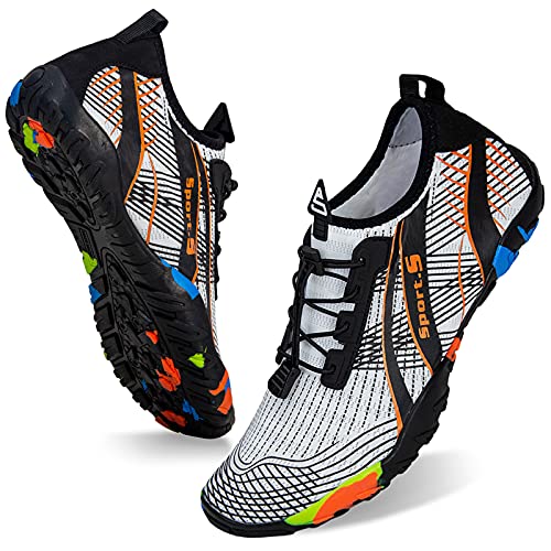 Water Shoes Mens Womens Beach Swim Shoes Quick-Dry Aqua Socks Pool Shoes for Surf Yoga Water Aerobics (M-White/Orange, 38)