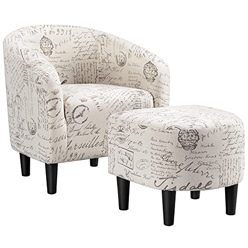 Yaheetech Modren Club Chair with Ottoman, Fabric Accent Armchair with Footstool, Upholstered Barrel Chair and Footrest for Living Room Bedroom Guestroom, Letter Print