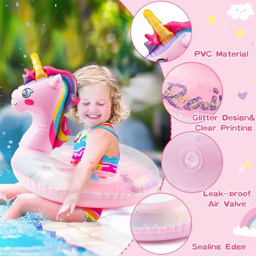 Zainpe Unicorn Inflatable Pool Float with Glitters Gradient Pink Inflation Swimming Ring Summer Outdoor Water Lounge Inflatable Raft Tube Fun Beach Floaties Vinyl Swim Floaty Pool Toy for Kids Toddler