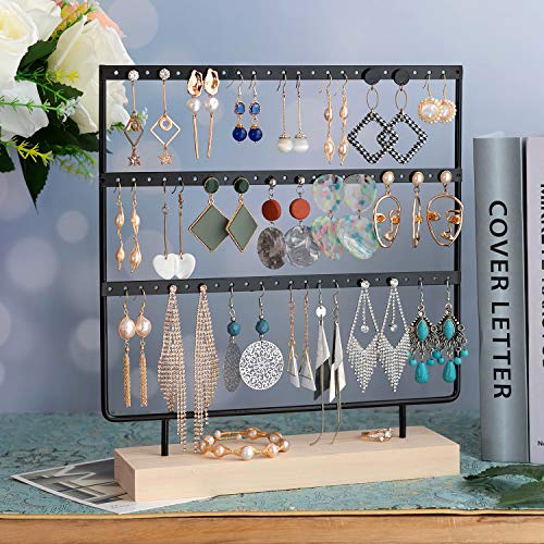 Simple Ear Stud Holder 4-Tier Earring Stand Earring Holder Decorative Jewelry Holder Display Rack Jewelry Stand Display with Wooden Tray/Dish for Earrings Necklace Bracelet Rings 69 Holes